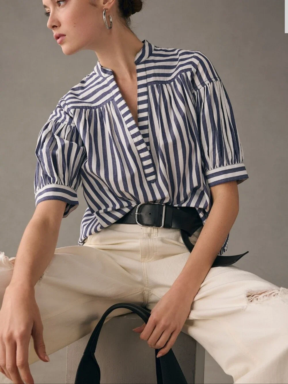 Anthropologie Darcey Popover Swing Top Blue Striped Blouse 3X Like New